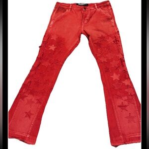 VALABASAS Red Star Patch Distressed Jeans Mens 34x34 Stacked Streetwear Rockstar